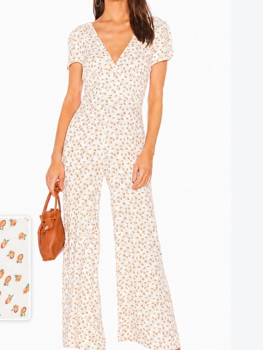 O Free People Mia Short Sleeve Ivory Jumpsuit With Peach Print Size 2